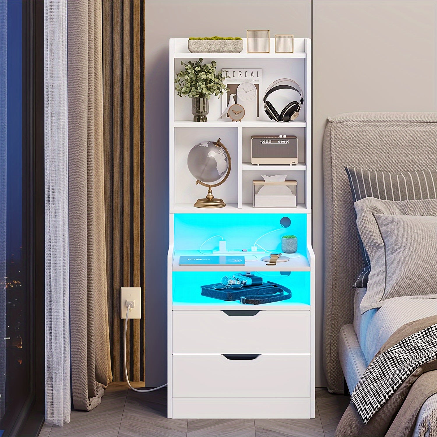 1pc Black Nightstand with Drawers and Storage Shelves, Tall Bedside End Table with LED Lights and Charging Station and Bookshelf, Black/ White/ Gray Nightstand