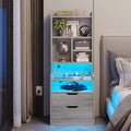 1pc Black Nightstand with Drawers and Storage Shelves, Tall Bedside End Table with LED Lights and Charging Station and Bookshelf, Black/ White/ Gray Nightstand