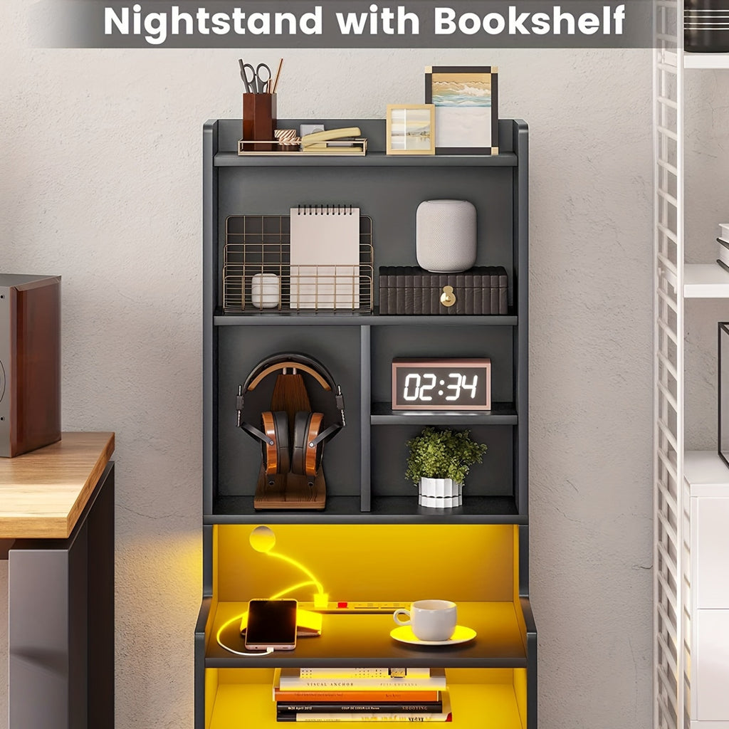 1pc Black Nightstand with Drawers and Storage Shelves, Tall Bedside End Table with LED Lights and Charging Station and Bookshelf, Black/ White/ Gray Nightstand