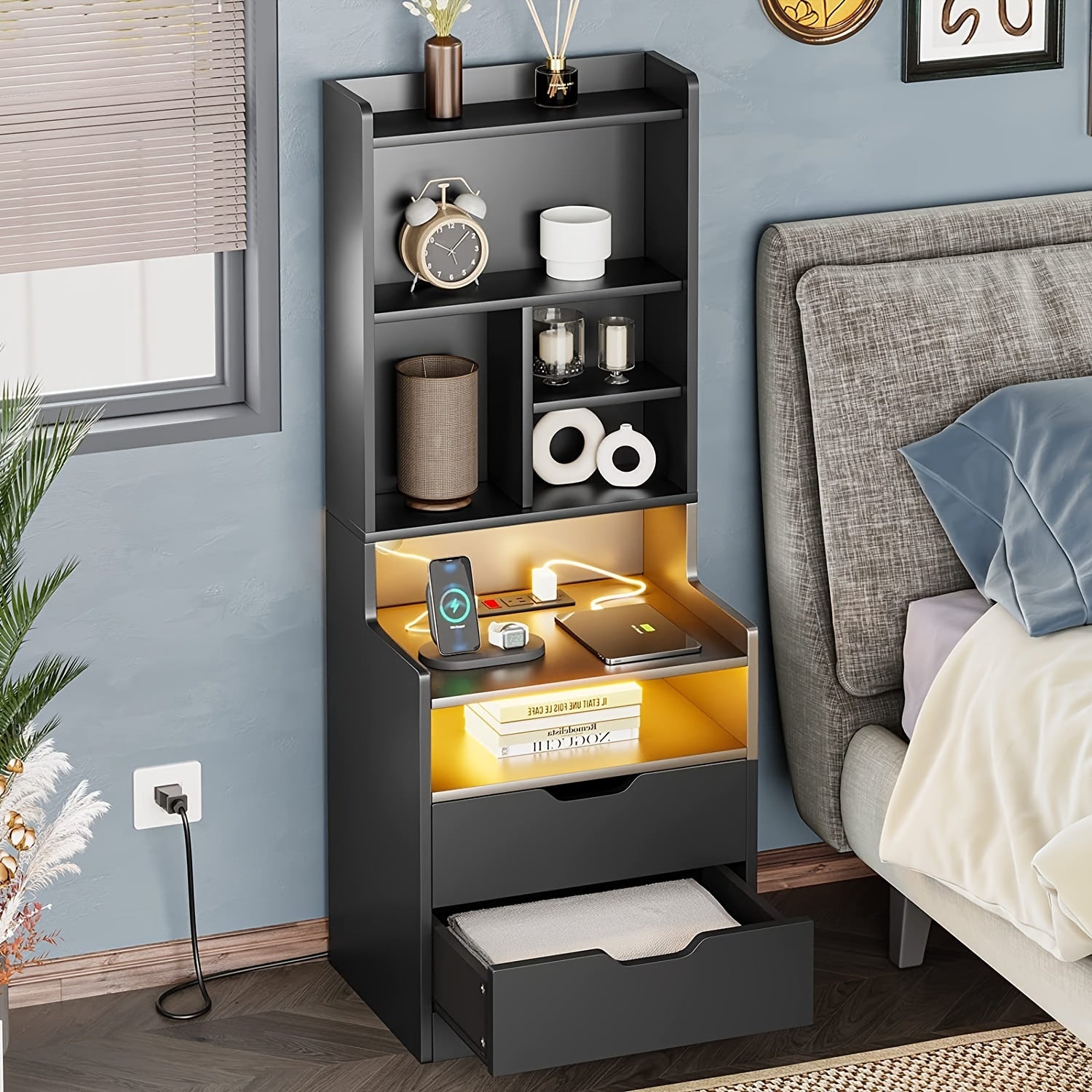 1pc Black Nightstand with Drawers and Storage Shelves, Tall Bedside End Table with LED Lights and Charging Station and Bookshelf, Black/ White/ Gray Nightstand