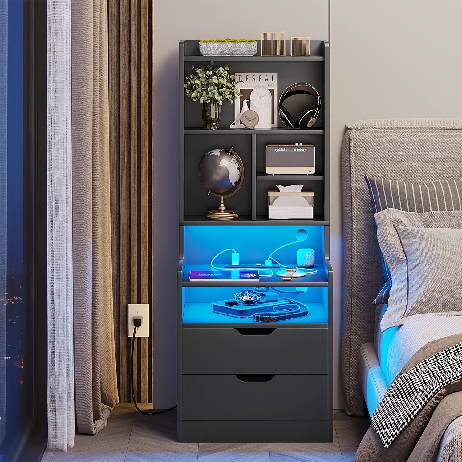 1pc Black Nightstand with Drawers and Storage Shelves, Tall Bedside End Table with LED Lights and Charging Station and Bookshelf, Black/ White/ Gray Nightstand