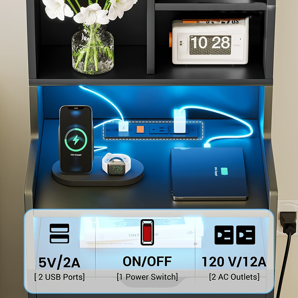 1pc Black Nightstand with Drawers and Storage Shelves, Tall Bedside End Table with LED Lights and Charging Station and Bookshelf, Black/ White/ Gray Nightstand