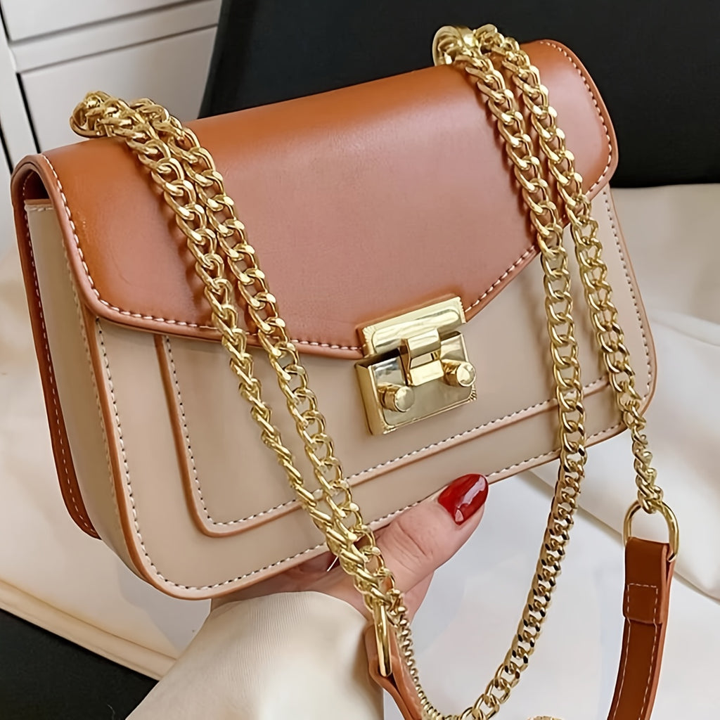 CAHVIN KOEINZ Mini Turnlock Square Shoulder Bag with Golden Chain Strap - Beige & Brown  Handbag, Golden-Tone Turnlock Closure, Chain Link Strap for Work, Office, Parties & Travel, Elegant Crossbody Purse