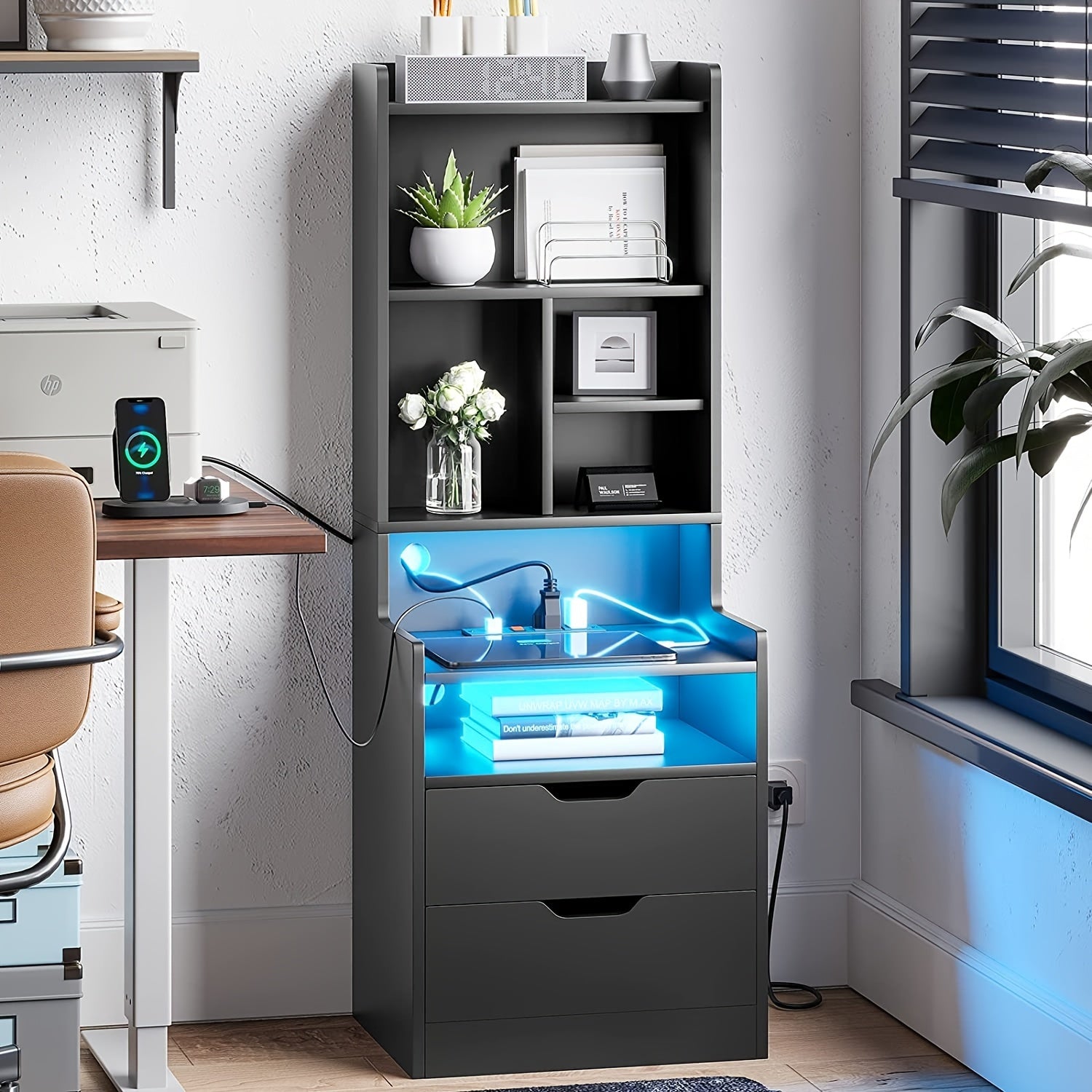 1pc Black Nightstand with Drawers and Storage Shelves, Tall Bedside End Table with LED Lights and Charging Station and Bookshelf, Black/ White/ Gray Nightstand