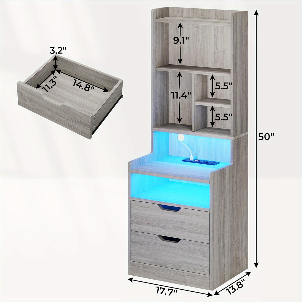 1pc Black Nightstand with Drawers and Storage Shelves, Tall Bedside End Table with LED Lights and Charging Station and Bookshelf, Black/ White/ Gray Nightstand