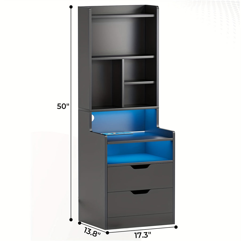 1pc Black Nightstand with Drawers and Storage Shelves, Tall Bedside End Table with LED Lights and Charging Station and Bookshelf, Black/ White/ Gray Nightstand